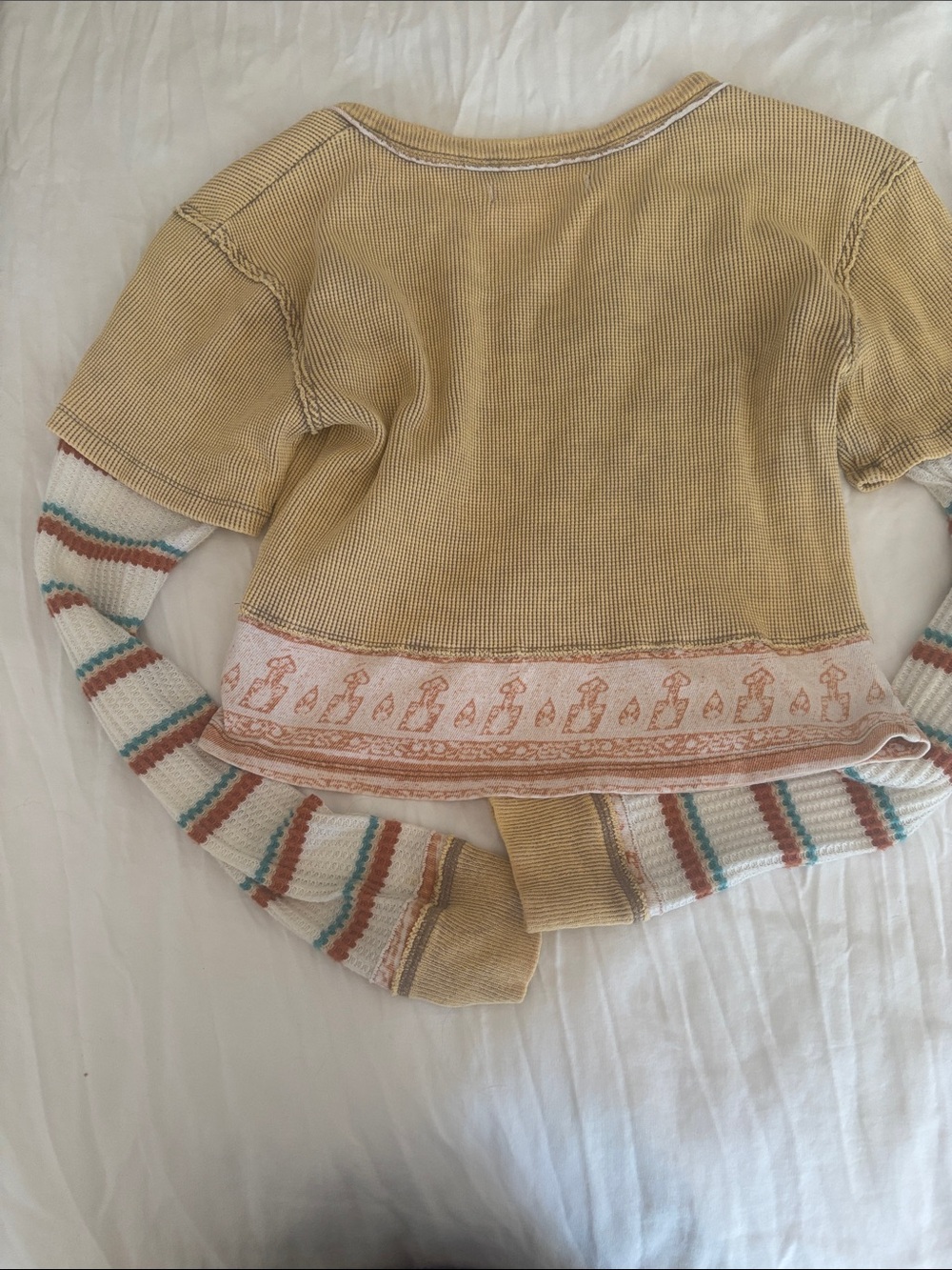 We The Free Mustard Layered V-Notch Pullover with Striped Sleeves - Picture 2 of 4